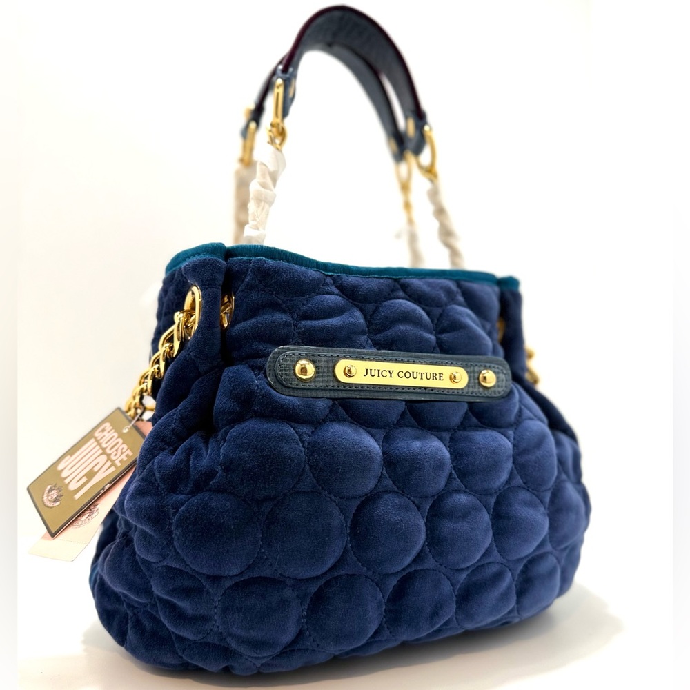 Juicy Couture Y2K Navy Velour Bubble Quilted Satchel Gold Chain NWT - Picture 3 of 12